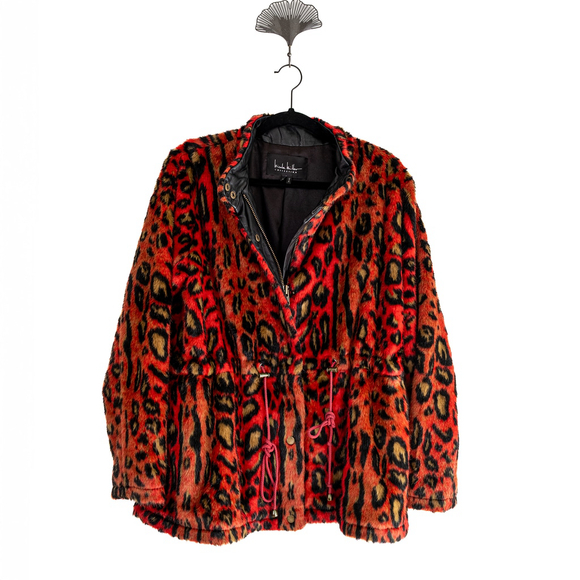 Nicole Miller Red Leopard Faux Fur Anorak Jacket Zip Drawstring Waist - Size P - Picture 5 of 9